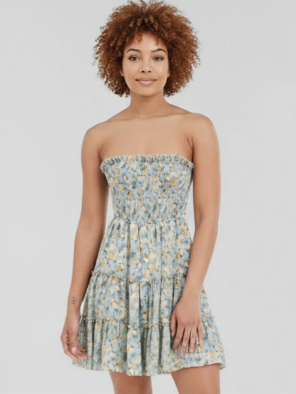She + Sky Strapless Floral Smocked Mini Dress - Blue & Yellow. Small